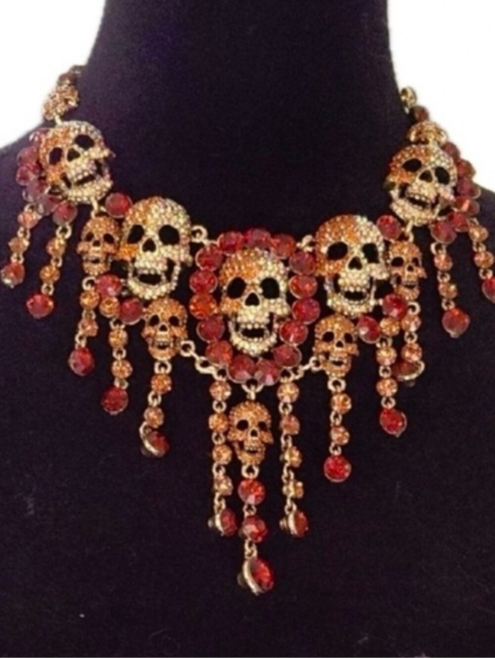 Natasha Couture Skull Gold Tone Necklace with Orange Red Crystal Bnwt